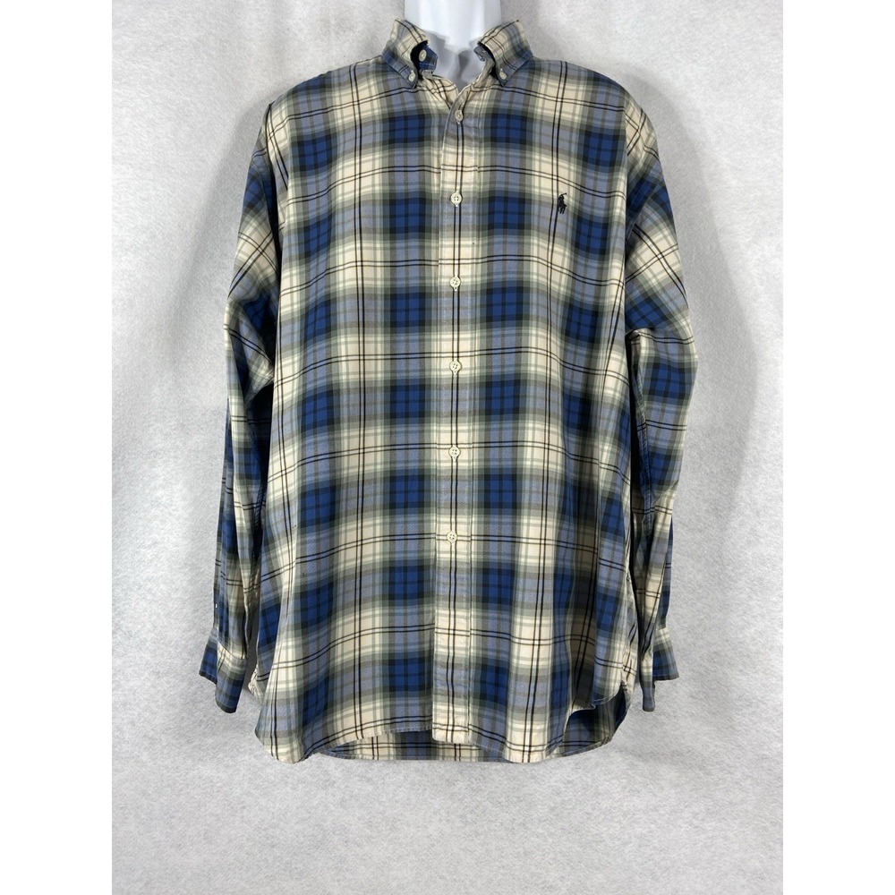 Vtg Polo Ralph Lauren Blake Shirt Men's L Beige Blue Button Up Long Sleeve Plaid